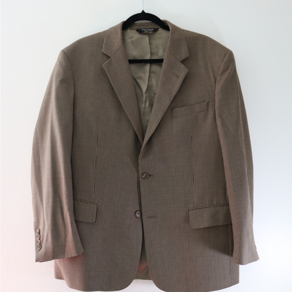 Jos A Bank Men Wool Sport Coat Blazer 2 Button Houndstooth Brown Tan Check 42S